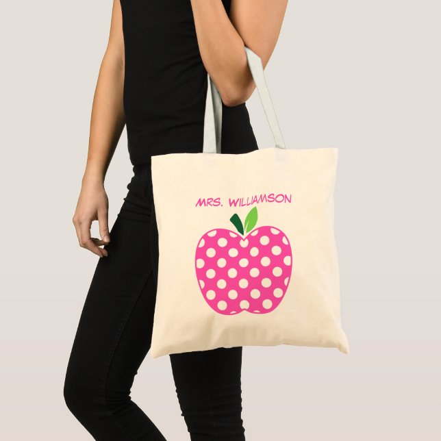 Tote Bag Pomme de professeur à pois rose et vert (Devant (produit))