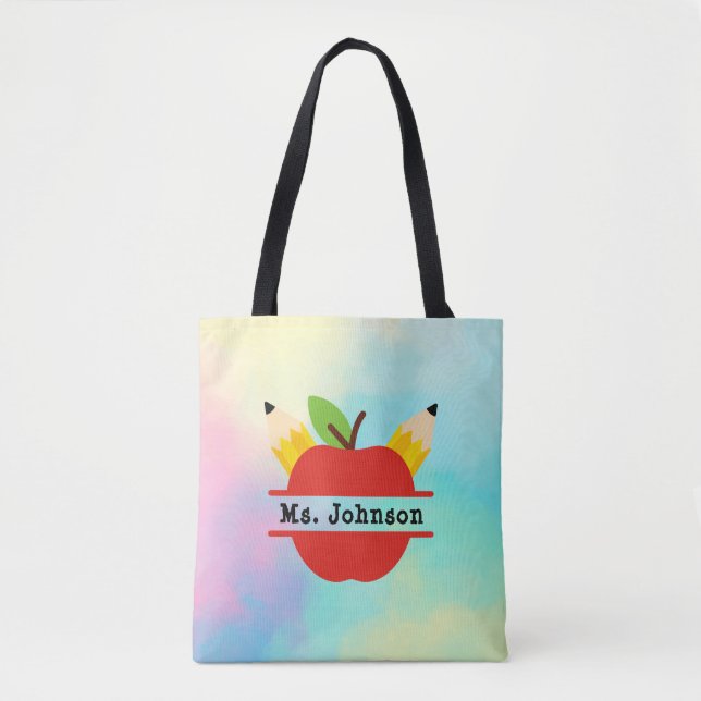 Tote Bag Pomme d'enseignant personnalisée| Aquarelle arc-en (Devant)