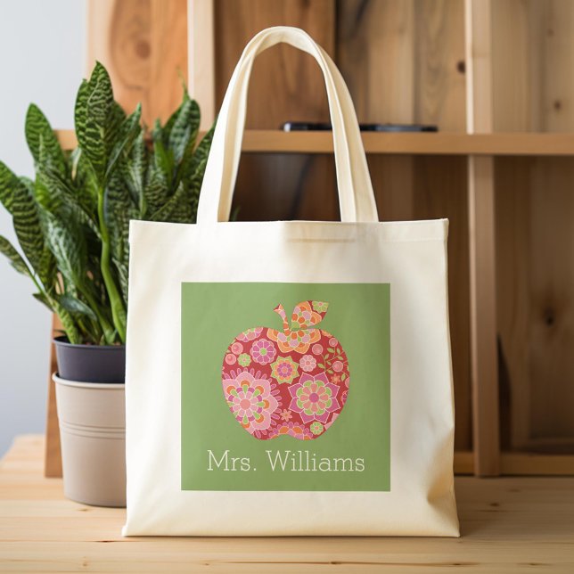 Tote Bag Pomme d'enseignant personnalisée avec modèle flora (Custom Tote Bag)