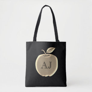 Tote Bag Pomme en feuille d'or et noir Monogramme élégant