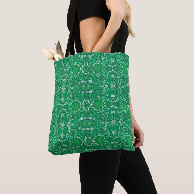 Tote Bag Pomme Strid Bohemian Boho Arabesque Motif Vert (De près)