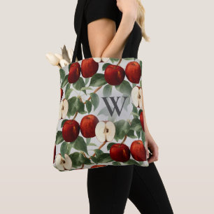 Tote Bag Pommes rouges Aquarelle grise botanique Monogramme