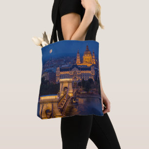 Tote Bag Pont de chaîne et Pleine lune de nuit