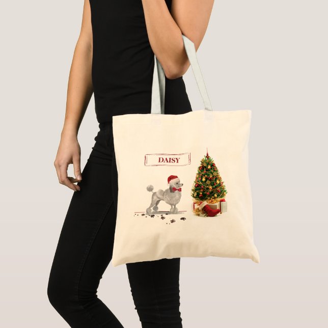 Tote Bag Poodle gris drôle Chien de Noël avec arbre (Devant (produit))