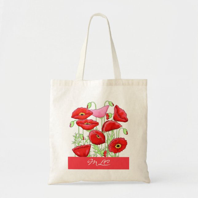 Tote Bag Poppies roses rouges Art Personnalisé Monogramme p (Devant)