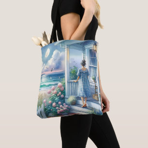 Tote Bag Porche de cottage Lune près de la mer