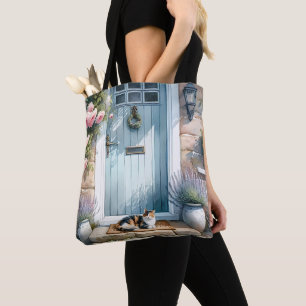Tote Bag Porche florale de Cottagecore avec Calico Cat