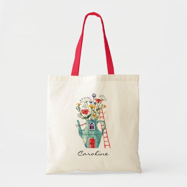 Tote Bag Porte rouge fleur sauvage Turquoise théière Fairyt (Devant)