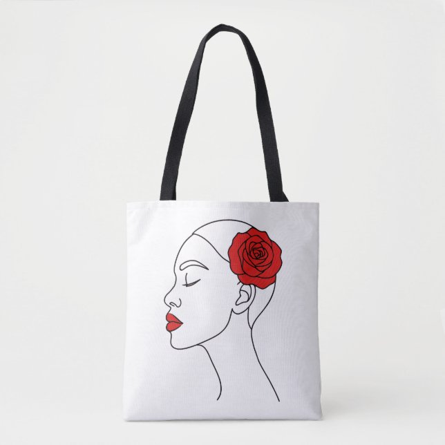 Tote Bag Portrait d'art en ligne d'une femme avec Rose roug (Devant)