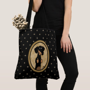 Tote Bag Portrait de cadre ovale or Dachshund (noir et bron