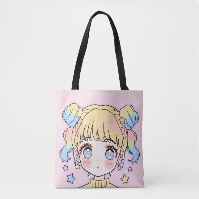 Tote Bag Portrait de fille étoile pastel Kawaii (Devant)