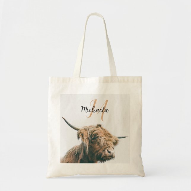 Tote Bag Portrait de vache Highland nom personnalisé monogr (Devant)
