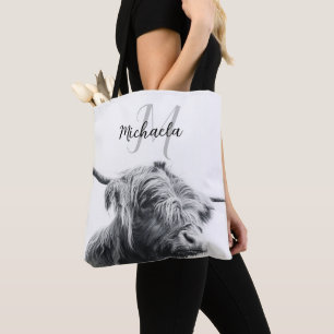 Tote Bag Portrait de vache Highland premier monogramme noir