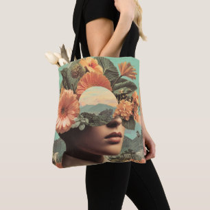 Tote Bag Portrait Féminin Surréaliste avec Éléments Floraux