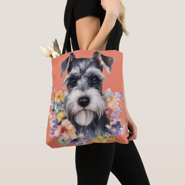 Tote Bag Portrait mignon Schnauzer avec fleurs (De près)