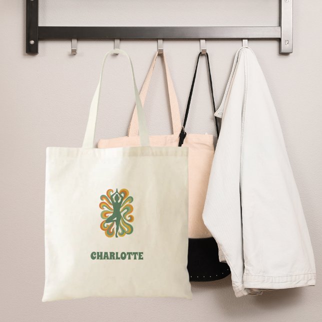 Tote Bag Pose de yoga tourbillons vert orange nom rétro (Créateur téléchargé)