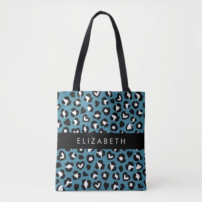 Tote Bag Poster de animal, Léopard Bleu, Coeurs, Votre Nom (Devant)