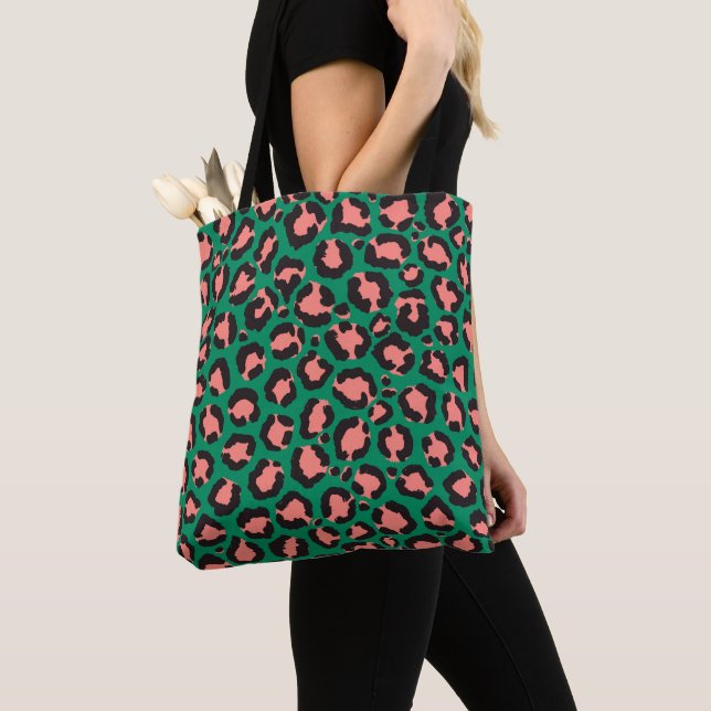 Tote Bag Poster de animal Léopard vert rose corail moderne (De près)