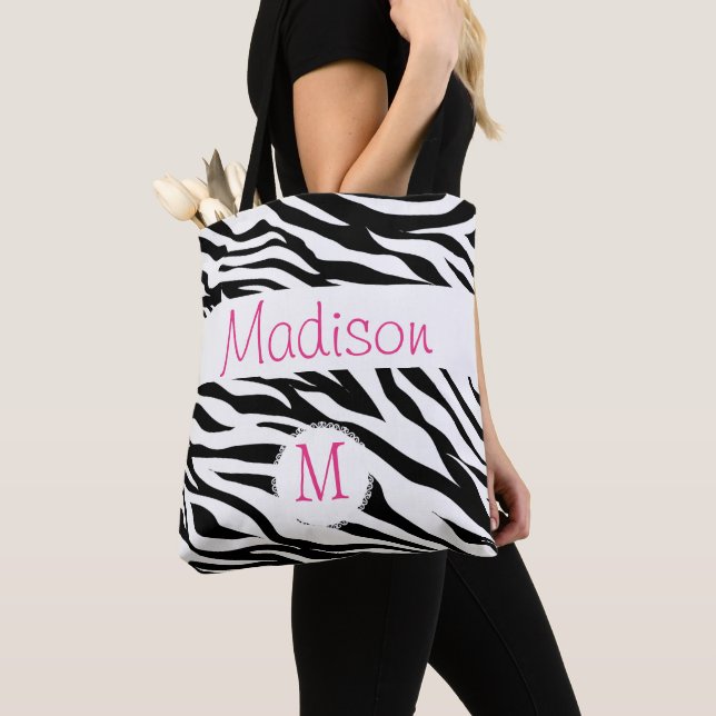 Tote Bag Poster de animal Zèbre noir blanc Monogramme initi (De près)