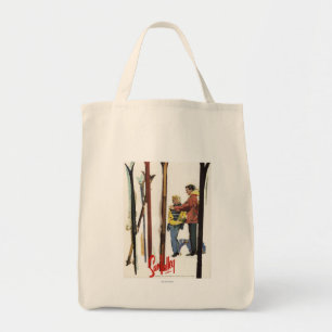 Tote Bag Poster Skis debout dans la neige par un couple