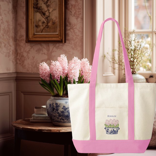 Tote Bag Pot à fleurs en chinoiserie avec ruban rose  (Pink Hyacinths in Chinoiserie planter tote bag)