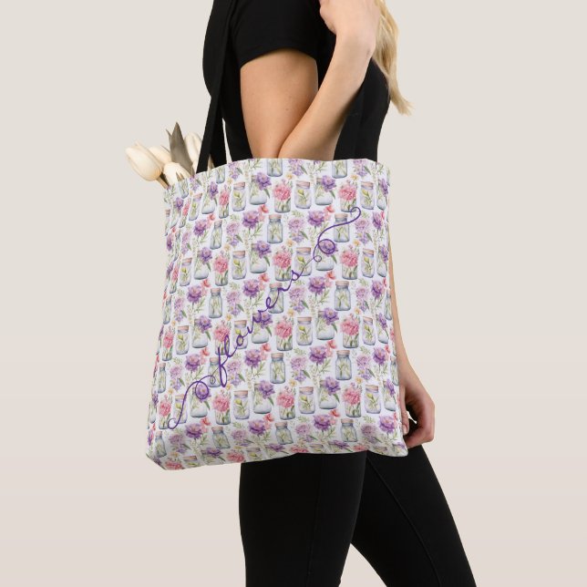 Tote Bag Pots Mason Violets Fleurs Roses (De près)