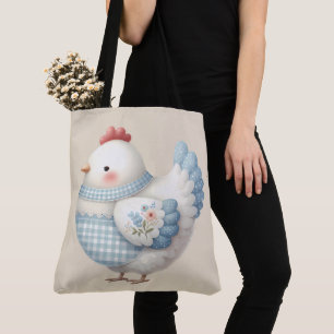 Tote Bag Poule de Cottage en Vichy Bleu
