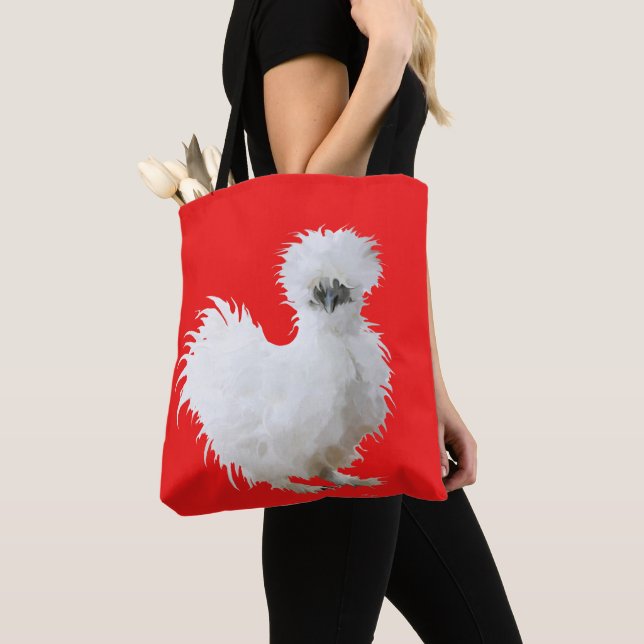 Tote Bag Poule Soie sur fond rouge (De près)