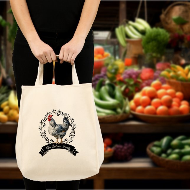 Tote Bag Poulet de coq rustique (Rustic Country Rooster Chicken Black and White  Farm Family Name Grocery Tote Bag)