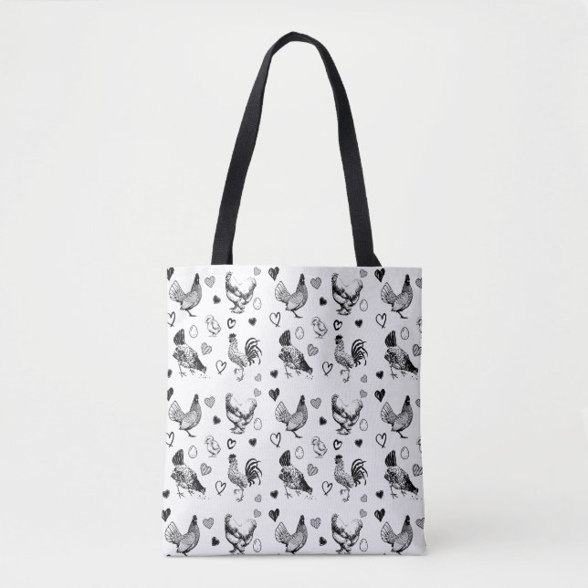 Tote Bag Poulets de dessin animé noir et blanc mignons (Devant)