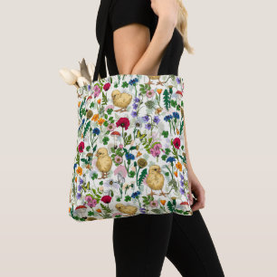 Tote Bag Poulets et fleurs sauvages sur blanc cassé