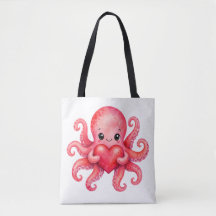 Poulpe mignon Kawaii tenant un cœur