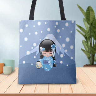 Tote Bag Poupée de Kokeshi d'hiver - fille de geisha bleue