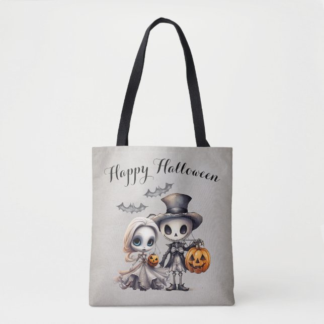 Tote Bag Poupée fantôme éffrayante et Halloween squelette (Devant)
