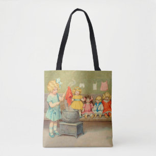Tote Bag Poupée Fille de Linge Vintage Jouant aux Poupées M