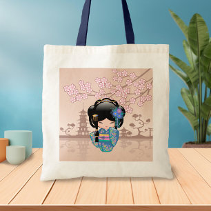 Tote Bag Poupée Keiko Kokeshi - Blue Kimono Geisha Girl
