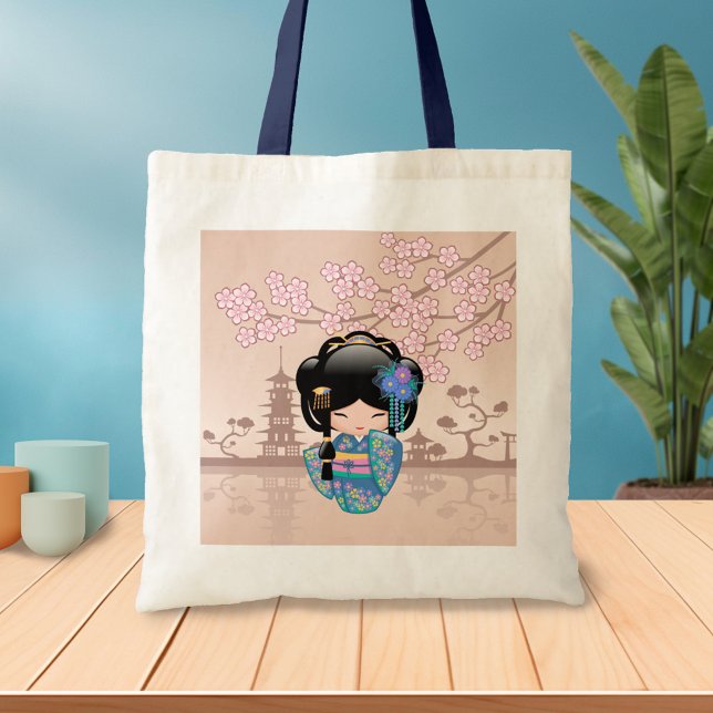 Tote Bag Poupée Keiko Kokeshi - Blue Kimono Geisha Girl (Créateur téléchargé)