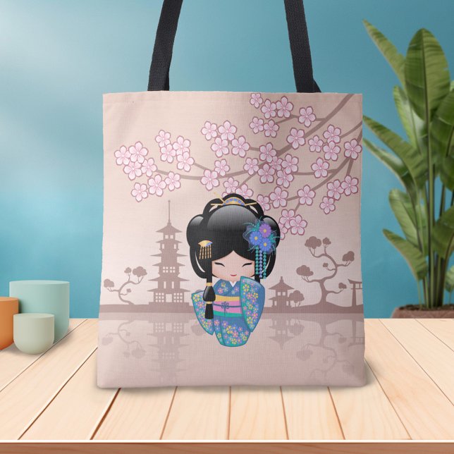 Tote Bag Poupée Keiko Kokeshi - Blue Kimono Geisha Girl (Créateur téléchargé)