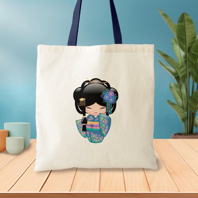 Tote Bag Poupée Keiko Kokeshi - Blue Kimono Geisha Girl 2 (Créateur téléchargé)