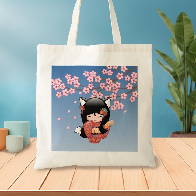 Tote Bag Poupée Kitsune Kokeshi - Black Fox Geisha Girl 2 (Créateur téléchargé)