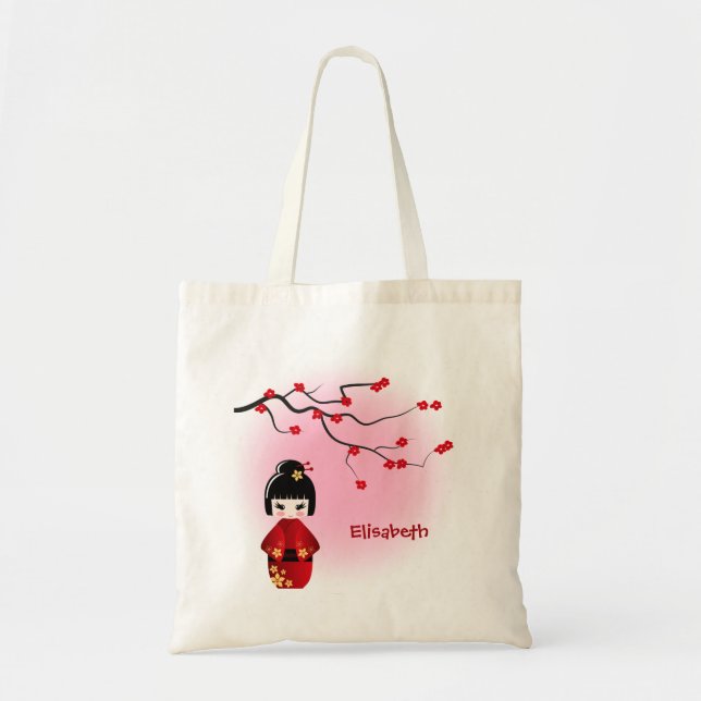 Tote Bag Poupée kokeshi japonaise aux fleurs de sakura (Devant)