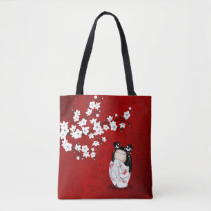 Tote Bag Poupée Kokeshi Rouge Noir Blanc Fleurs De Cerisier