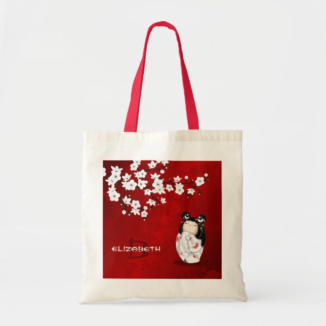 Tote Bag Poupée Kokeshi Rouge Noir Et Blanc Fleur De Cerisi (Devant)