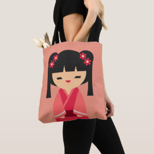 Tote Bag Poupées japonaises de Kokeshi rose