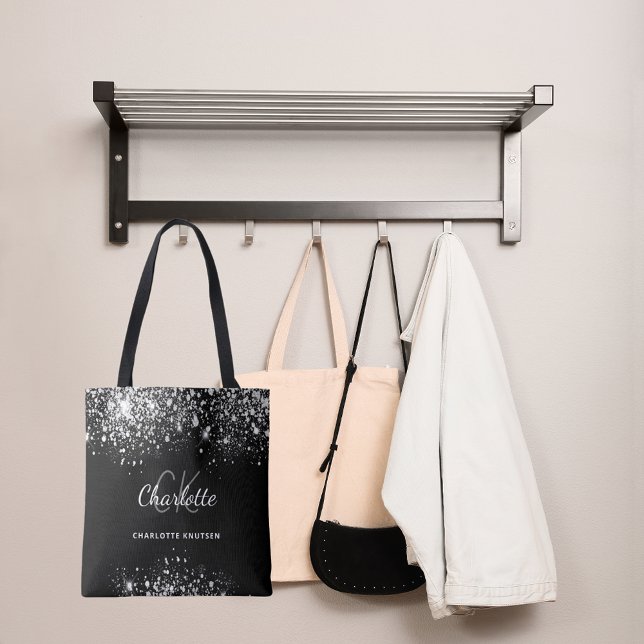 Tote Bag Poussière de strass argent noir monogramme initial (Créateur téléchargé)