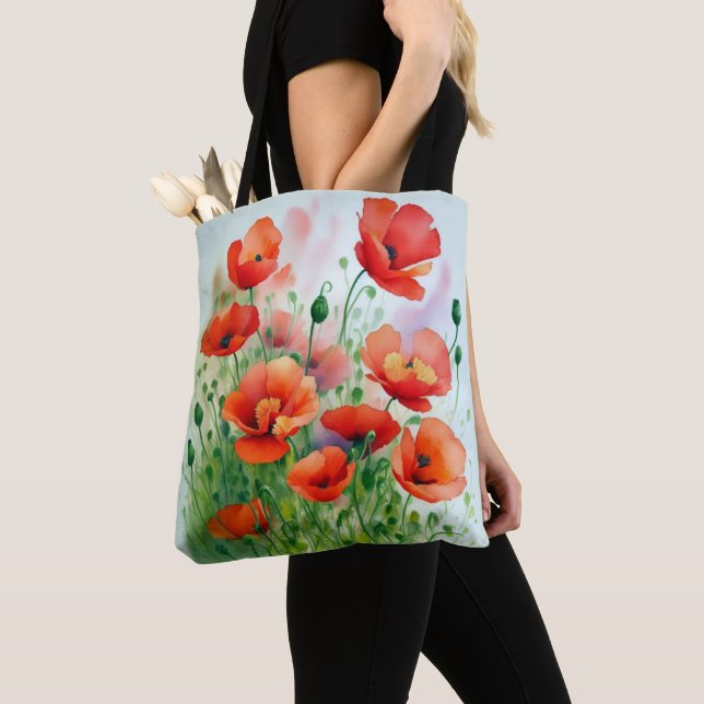 Tote Bag Prairie de coquelicots, aquarelle - (De près)