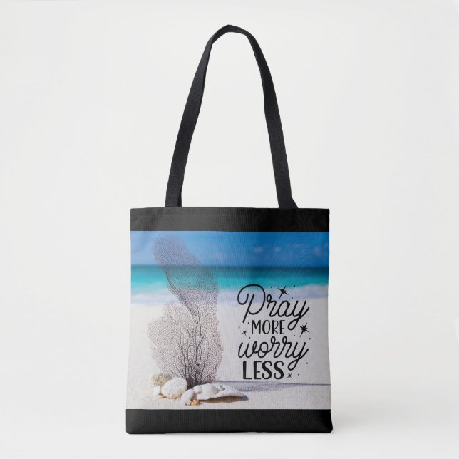 Tote Bag "Pray More Worry Less" Coquillages sur Sandy Beach (Devant)