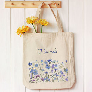 Tote Bag Pré de fleurs sauvages aquarelle bleue avec monogr