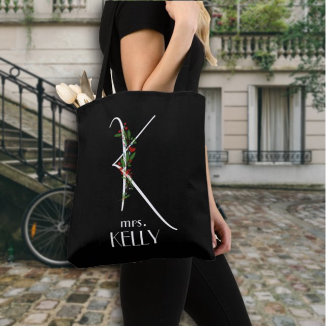 Tote Bag Premier K monogramme aquarelle couleur rouge flora (Créateur téléchargé)