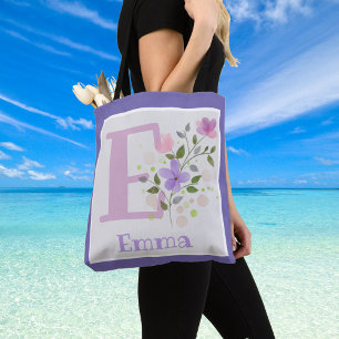 Tote Bag Premier nom initial plus Emma avec fleurs